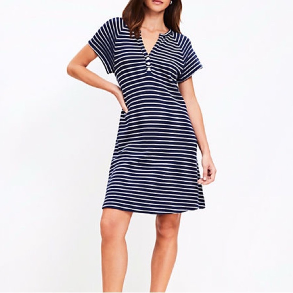 LOFT Stripe V-Neck Henley Dress Size Medium Nautical Coastal Seaside Beach Vacay